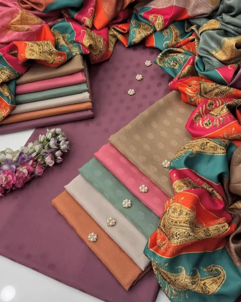 Beautiful Digital Printed Kalamkari Pashmina Shawl With Self Jacquard Dhanak Marina Shirt & Trouser 3 PC Dress