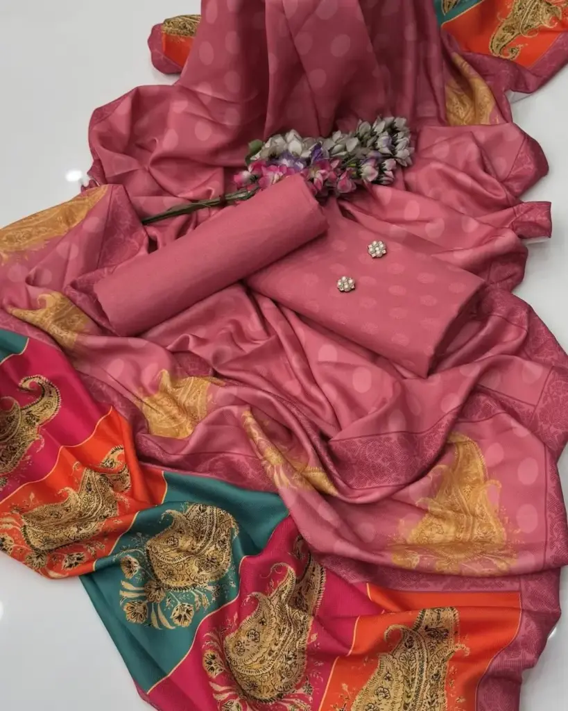 Beautiful Digital Printed Kalamkari Pashmina Shawl With Self Jacquard Dhanak Marina Shirt & Trouser 3 PC Dress