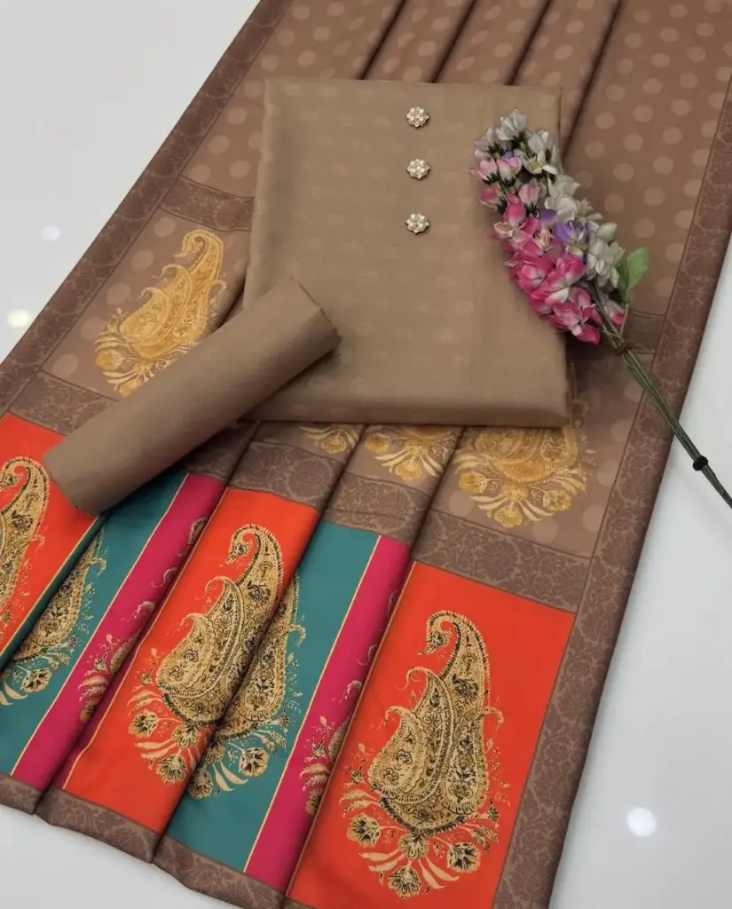 Beautiful Digital Printed Kalamkari Pashmina Shawl With Self Jacquard Dhanak Marina Shirt & Trouser 3 PC Dress