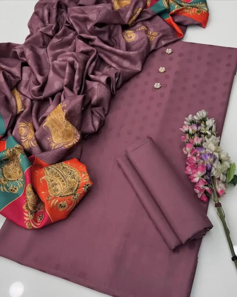 Beautiful Digital Printed Kalamkari Pashmina Shawl With Self Jacquard Dhanak Marina Shirt & Trouser 3 PC Dress