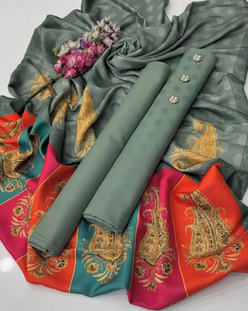 Beautiful Digital Printed Kalamkari Pashmina Shawl With Self Jacquard Dhanak Marina Shirt & Trouser 3 PC Dress