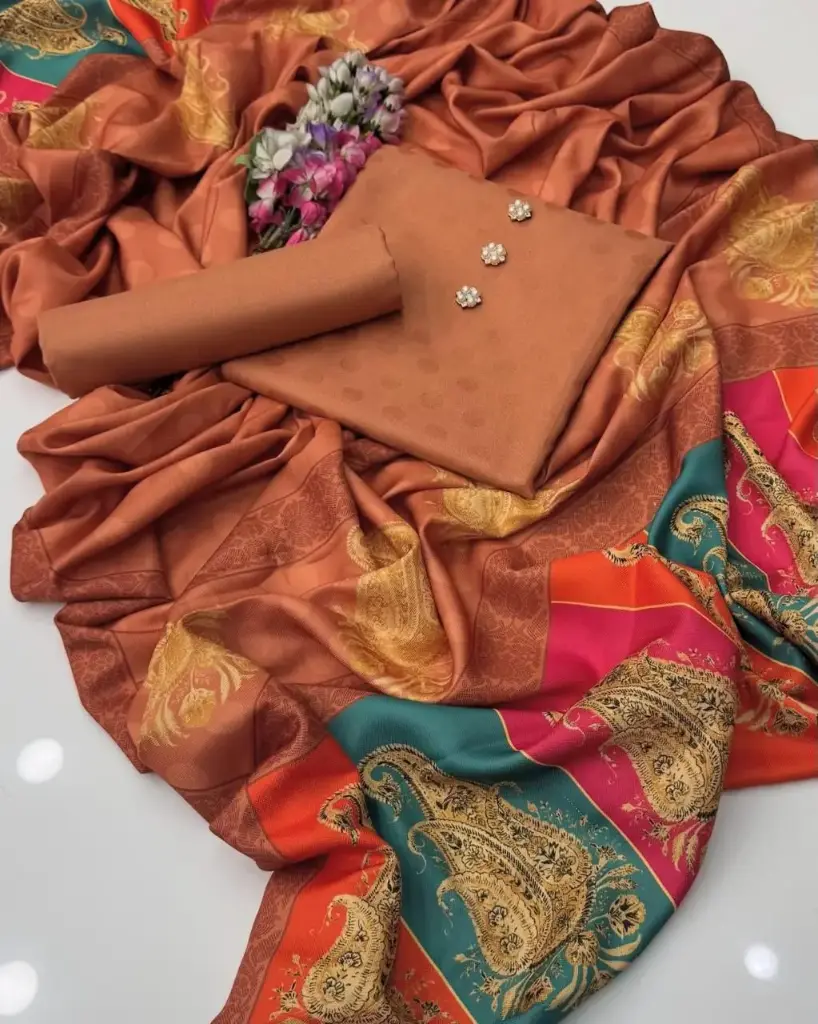 Beautiful Digital Printed Kalamkari Pashmina Shawl With Self Jacquard Dhanak Marina Shirt & Trouser 3 PC Dress