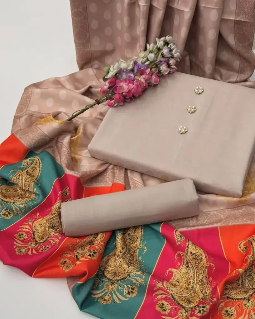 Beautiful Digital Printed Kalamkari Pashmina Shawl With Self Jacquard Dhanak Marina Shirt & Trouser 3 PC Dress