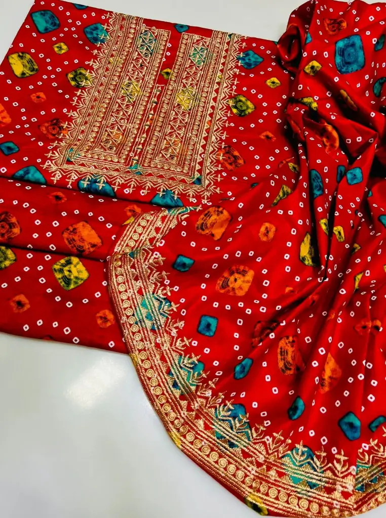 CASUAL Wear   2pc Dress  Stuff winter Lenin Chundri print  Shirt Neck Embroidery  Trouser Embroidery