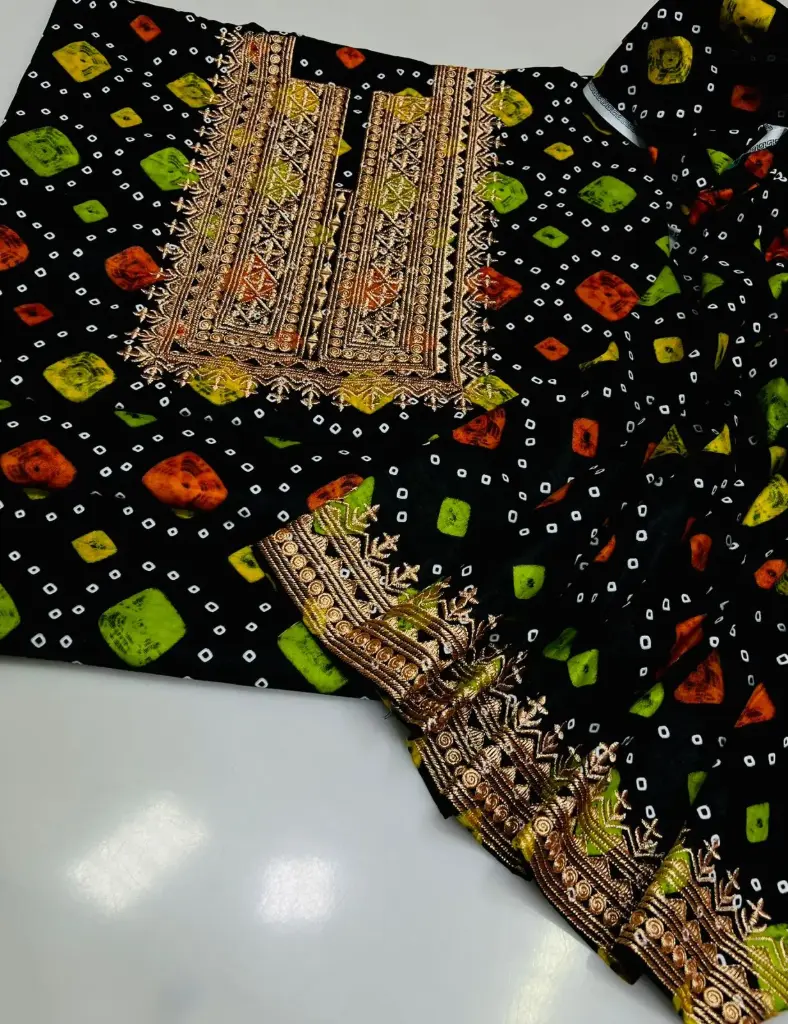 CASUAL Wear  2pc Dress  Stuff winter Lenin Chundri print   Shirt Neck Embroidery  Trouser Embroidery