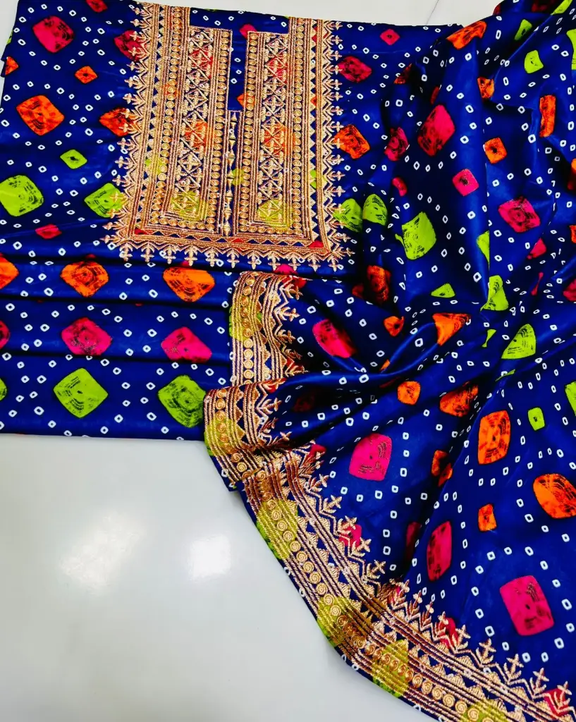 CASUAL Wear  2pc Dress  Stuff winter Linen Chundri print   Shirt Neck Embroidery  Trouser Embroidery