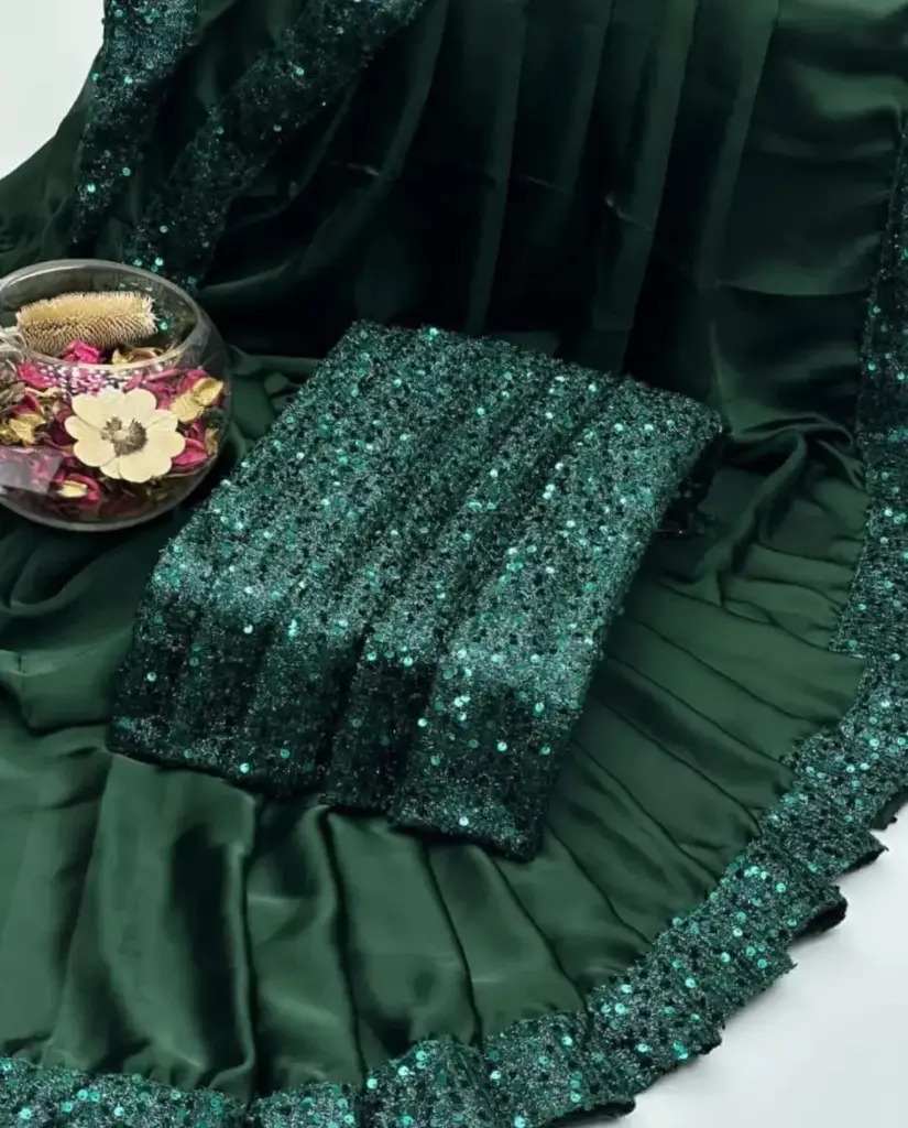 NEW PARTY WEAR FANCY SAREE COLLECTION  Shamoze Silk Sequence Border Bottom Flyer 4 Side Sequence Border Palla Along With Sequence Work Blouse & Sleeves Saree. Measurement  Length 7 Yards. Width 1 Meter.  Blouse & Sleeves Fabric  1 Yard Width  1.5 Yard Length