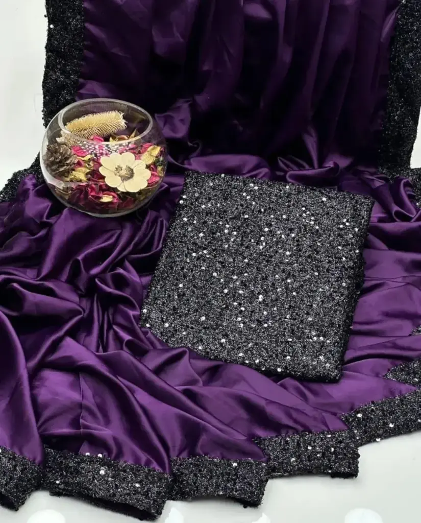 NEW PARTY WEAR FANCY SAREE COLLECTION  Shamoze Silk Sequence Border Bottom Flyer 4 Side Sequence Border Palla Along With Sequence Work Blouse & Sleeves Saree. Measurement  Length 7 Yards. Width 1 Meter.  Blouse & Sleeves Fabric  1 Yard Width  1.5 Yard Length