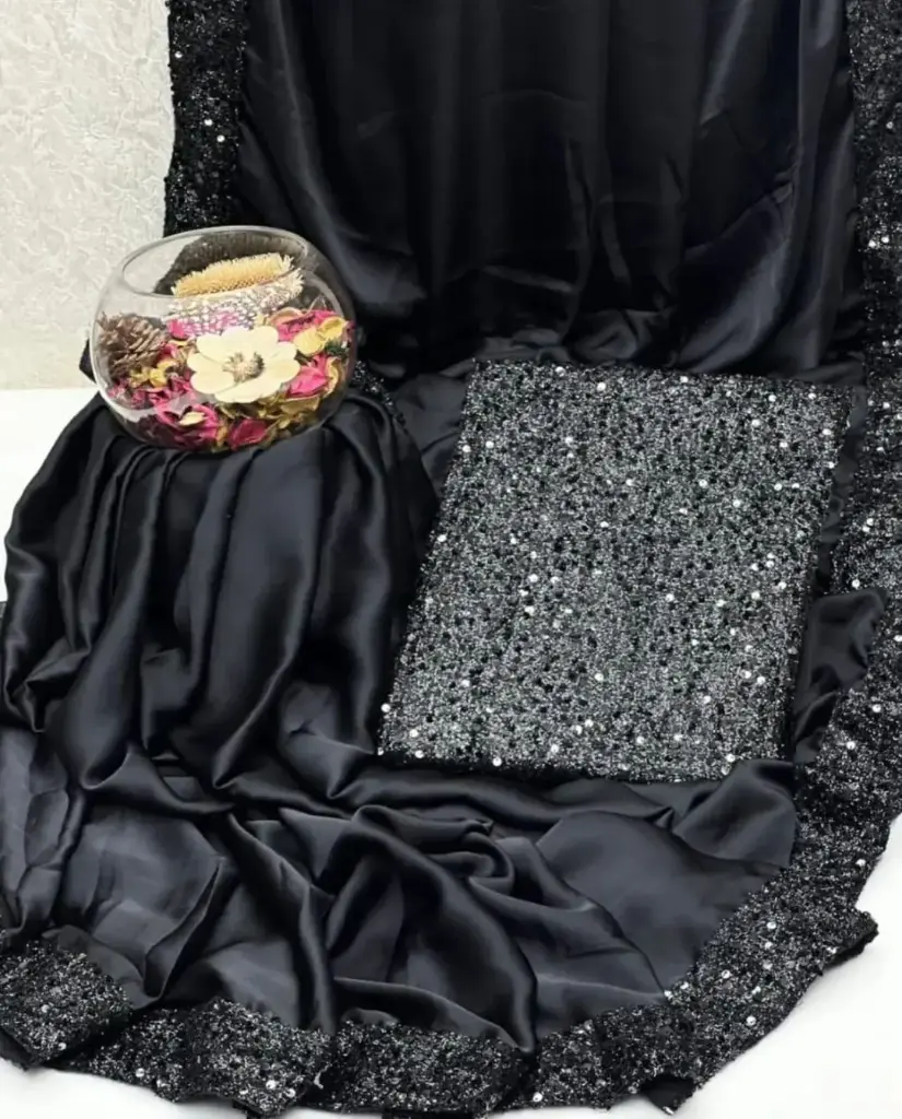 NEW PARTY WEAR FANCY SAREE COLLECTION  Shamoze Silk Sequence Border Bottom Flyer 4 Side Sequence Border Palla Along With Sequence Work Blouse & Sleeves Saree. Measurement  Length 7 Yards. Width 1 Meter.  Blouse & Sleeves Fabric  1 Yard Width  1.5 Yard Length