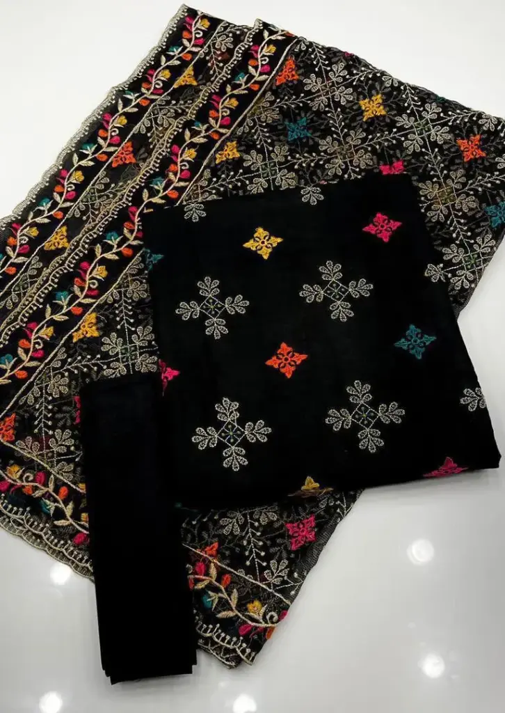 New arrival  Shirt  linen all over embroidery full Jal and trouser linen plan dupatta chiffon full Jal phulkari embroidery 4 side 3pc dress