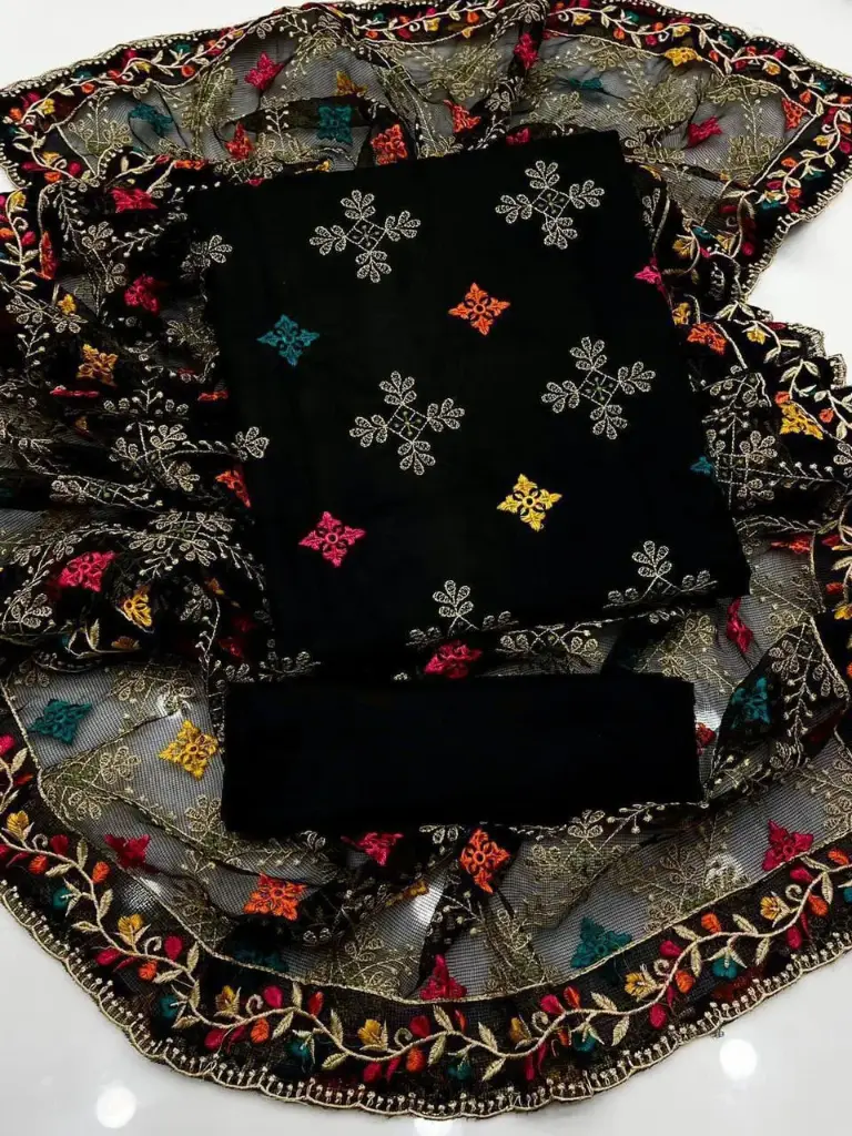 New arrival Shirt linen all over embroidery full Jal and trouser linen plan dupatta chiffon full Jal phulkari embroidery 4 side 3pc dress