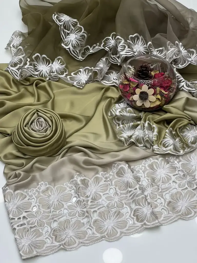 Exclusive 2 Tone Shamoz Silk Bareeze Front Cut-Work Embroidery Shirt With 2 Tone Cut-Work Embroidery Sleeves Simple 2 Tone Shamoz Silk Trouser Along With Organza 2 Tone Heavy Bareeze cut Work 2 Side Embroidery Dupatta 3Pcs Dress