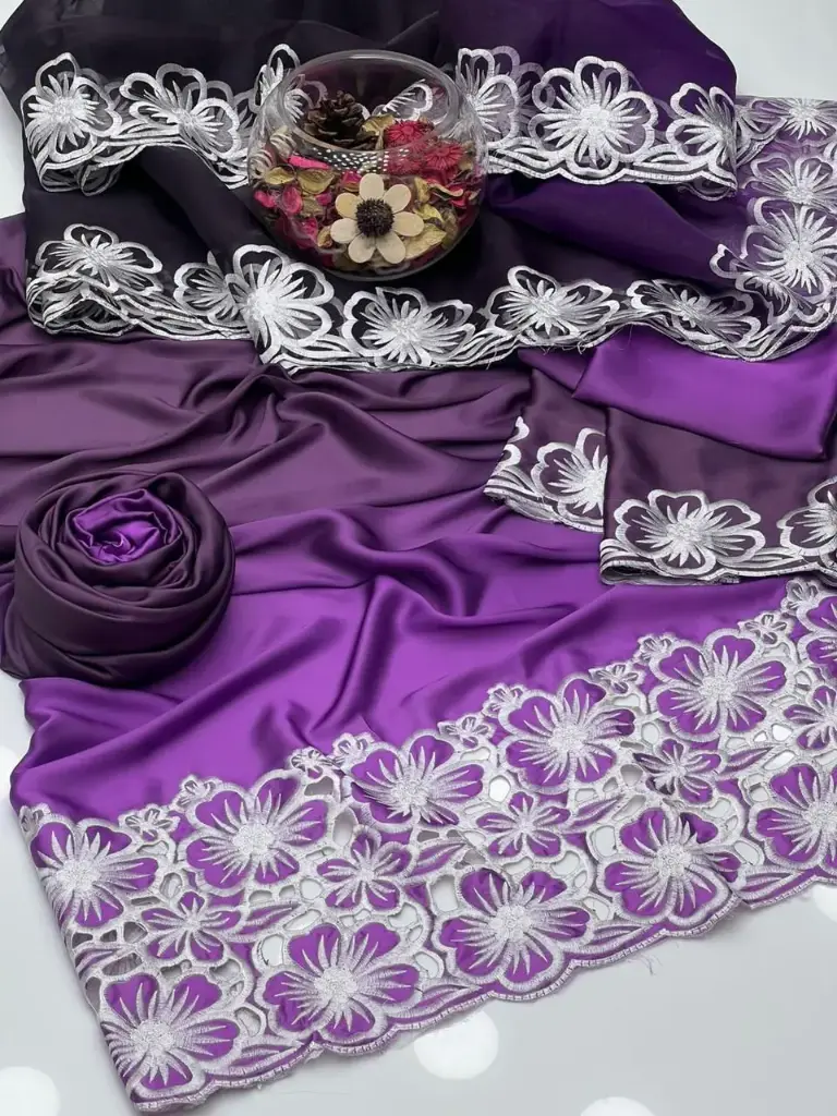 Exclusive 2 Tone Shamoz Silk Bareeze Front Cut-Work Embroidery Shirt With 2 Tone Cut-Work Embroidery Sleeves Simple 2 Tone Shamoz Silk Trouser Along With Organza 2 Tone Heavy Bareeze cut Work 2 Side Embroidery Dupatta 3Pcs Dress