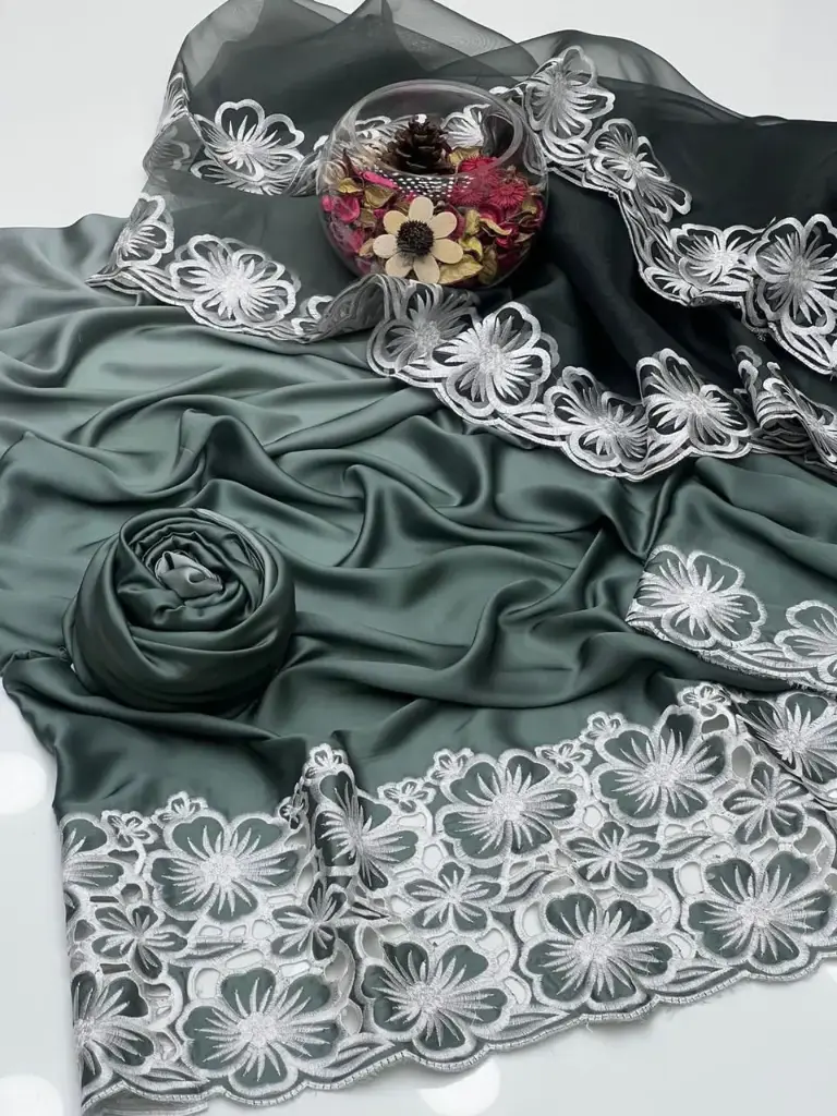 Exclusive 2 Tone Shamoz Silk Bareeze Front Cut-Work Embroidery Shirt With 2 Tone Cut-Work Embroidery Sleeves Simple 2 Tone Shamoz Silk Trouser Along With Organza 2 Tone Heavy Bareeze cut Work 2 Side Embroidery Dupatta 3Pcs Dress