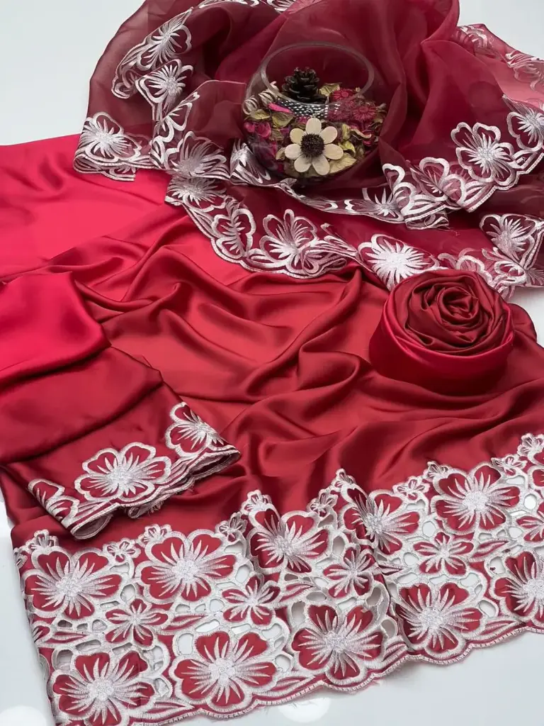 Exclusive 2 Tone Shamoz Silk Bareeze Front Cut-Work Embroidery Shirt With 2 Tone Cut-Work Embroidery Sleeves Simple 2 Tone Shamoz Silk Trouser Along With Organza 2 Tone Heavy Bareeze cut Work 2 Side Embroidery Dupatta 3Pcs Dress