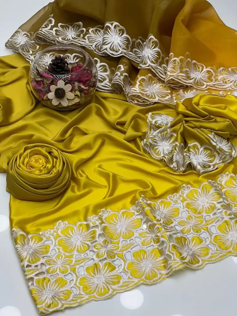 Exclusive 2 Tone Shamoz Silk Bareeze Front Cut-Work Embroidery Shirt With 2 Tone Cut-Work Embroidery Sleeves Simple 2 Tone Shamoz Silk Trouser Along With Organza 2 Tone Heavy Bareeze cut Work 2 Side Embroidery Dupatta 3Pcs Dress