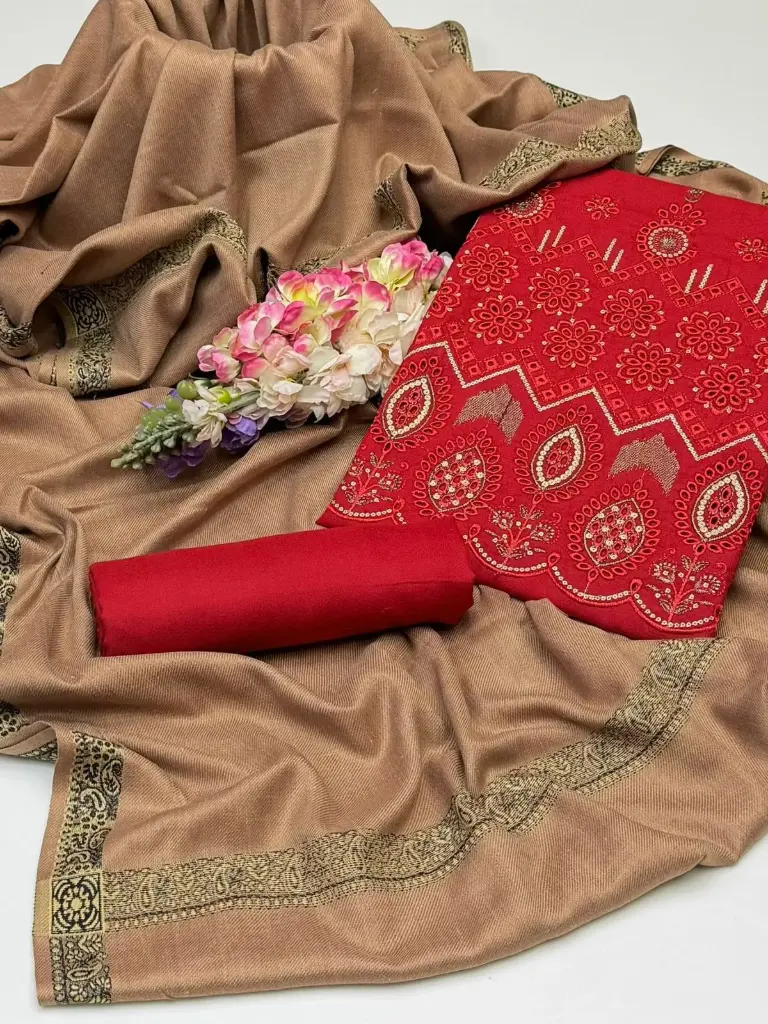 WINTER COLLECTION  Beautiful & Elegant Style  Dhanak Bareeze Embroidered Boring Shirt & dhanak plain Trouser With  Marina Shawl 3 PC Dress