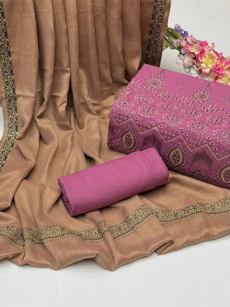 WINTER COLLECTION  Beautiful & Elegant Style  Dhanak Bareeze Embroidered Boring Shirt & dhanak plain Trouser With  Marina Shawl 3 PC Dress