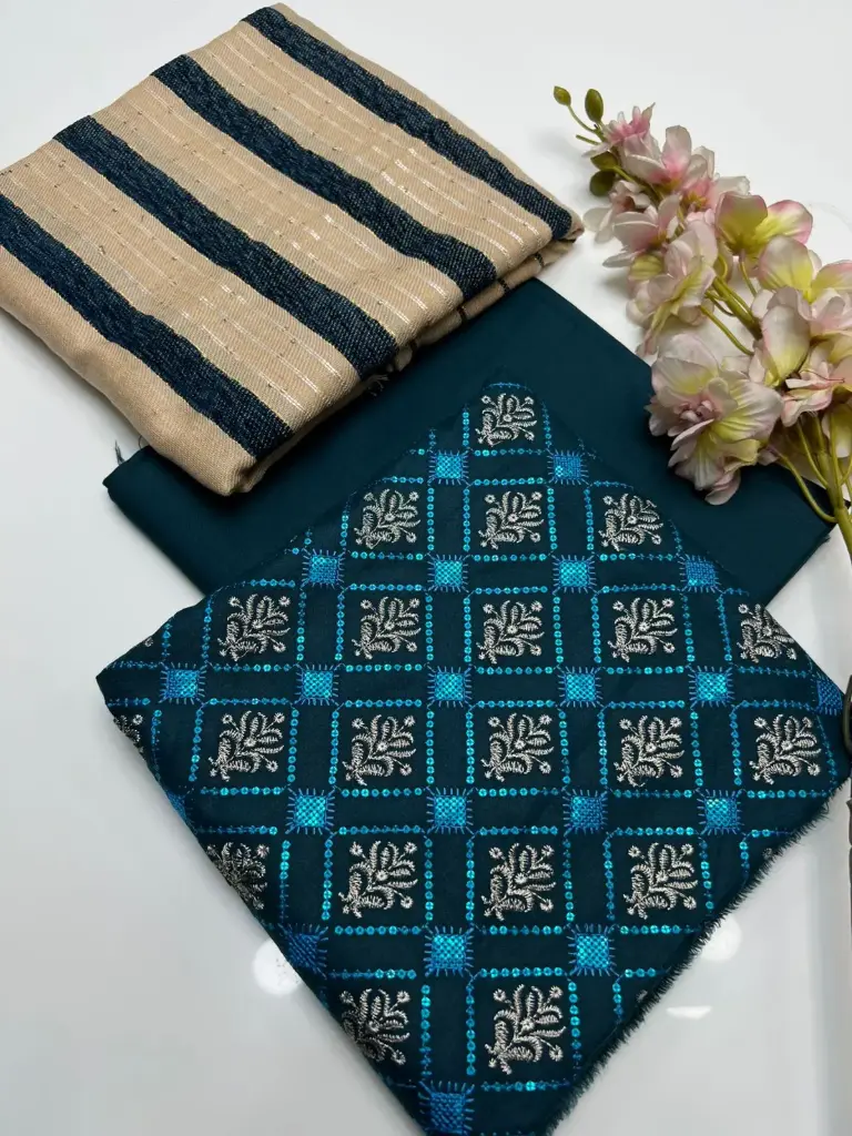 WINTER COLLECTION Beautiful & Elegant Style Dhanak Bareeze Embroidery Shirt & Trouser With Dhanak Wool Velvet Border Shawl   3 PC Dress