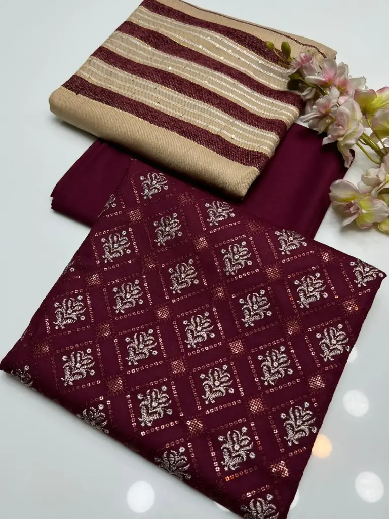 WINTER COLLECTION Beautiful & Elegant Style Dhanak Bareeze Embroidery Shirt & Trouser With Dhanak Wool Velvet Border Shawl   3 PC Dress