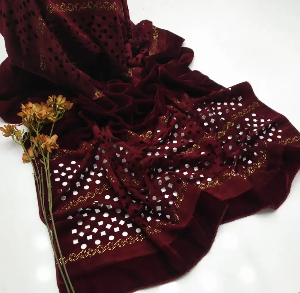 Beautiful Winter shawls.   Stuff: soft Velvet   Sequence Embroidery Border with laser cut work  Length 2.5 gaz