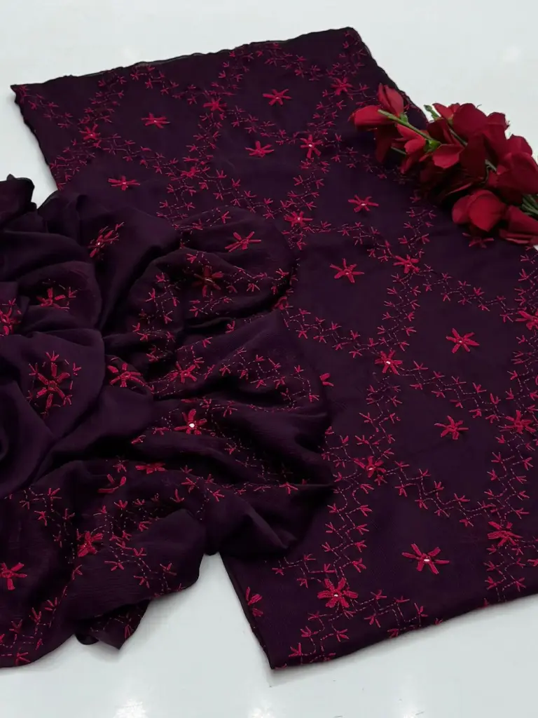 New Collection 2025  Fabric Bamber Chiffon Handmade Pakka   Shesha work With 2 Sided Pallu Dupatta 2Pcs Dress