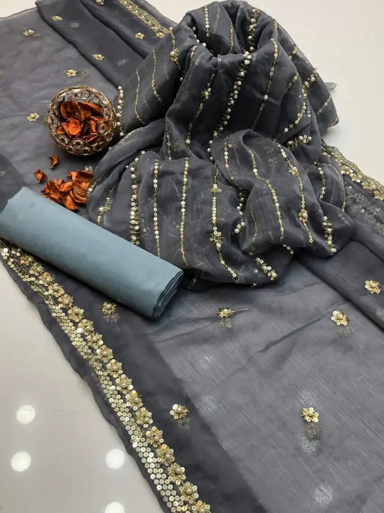Chiffon embroidery & pearls work shirt  chiffon booti & pearls work dupatta  cotton silk trouser  3piece