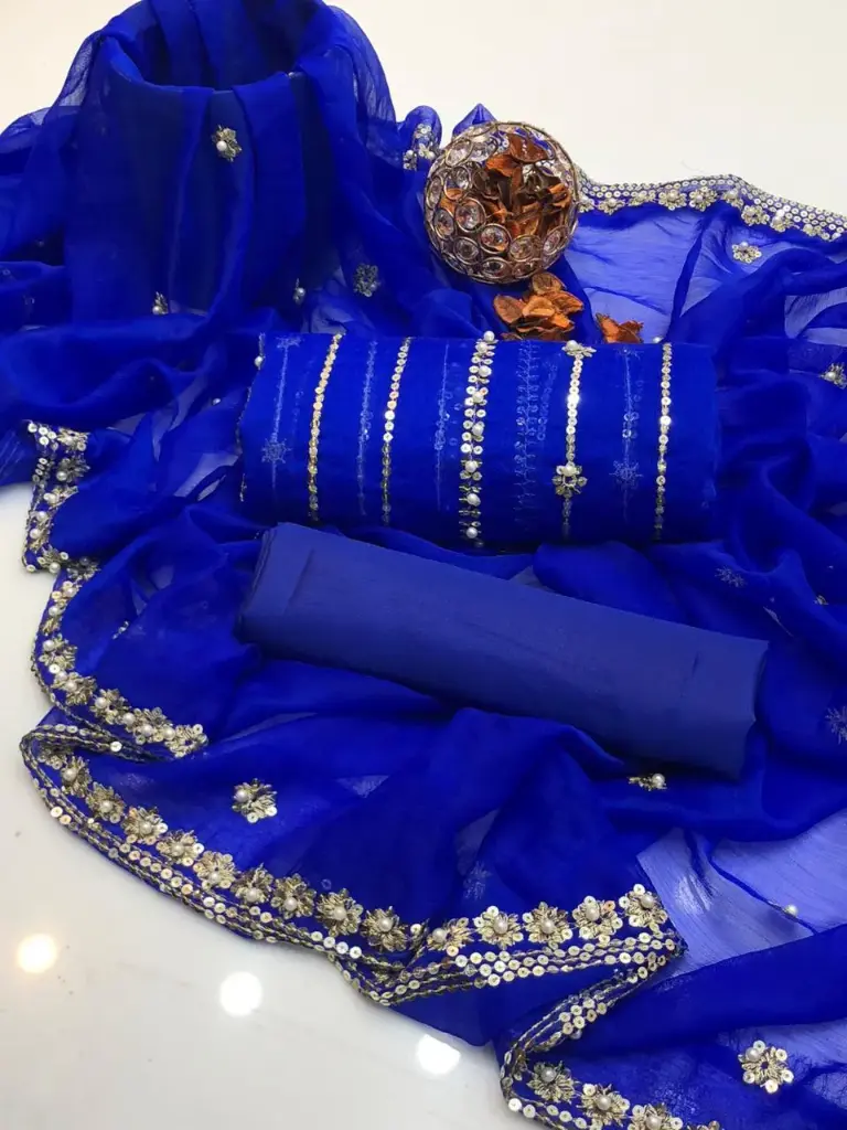 Chiffon embroidery & pearls work shirt  chiffon booti & pearls work dupatta  cotton silk trouser  3piece