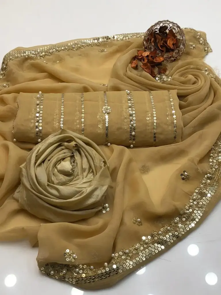 Chiffon embroidery & pearls work shirt  chiffon booti & pearls work dupatta  cotton silk trouser  3piece