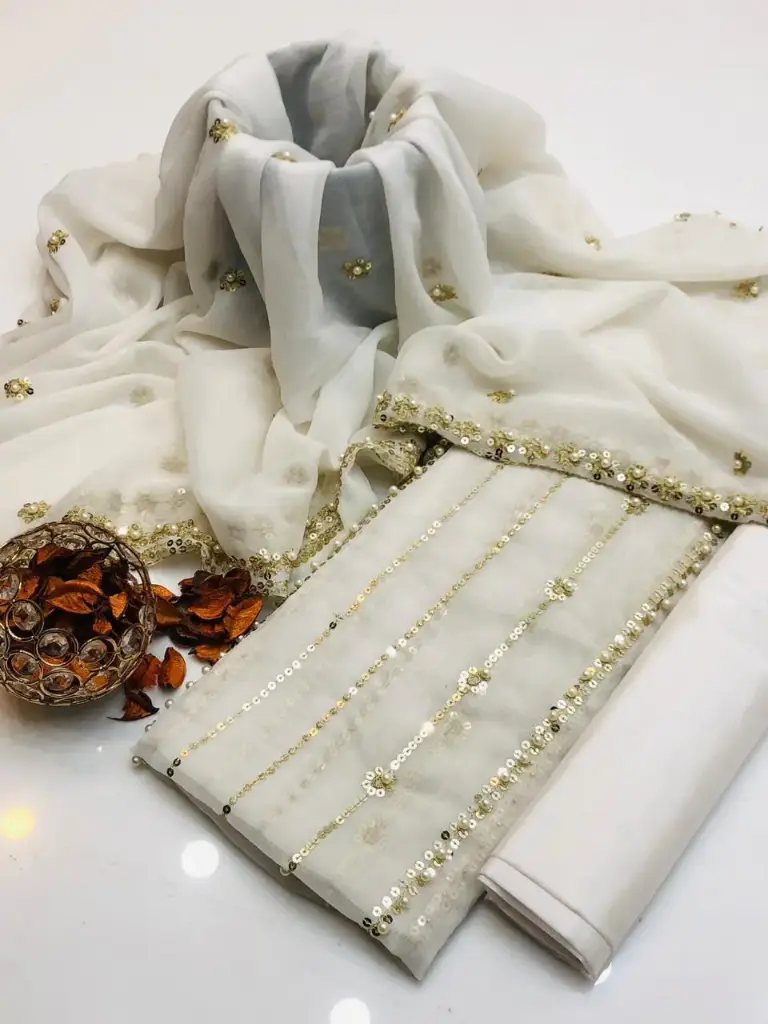 Chiffon embroidery & pearls work shirt  chiffon booti & pearls work dupatta  cotton silk trouser  3piece