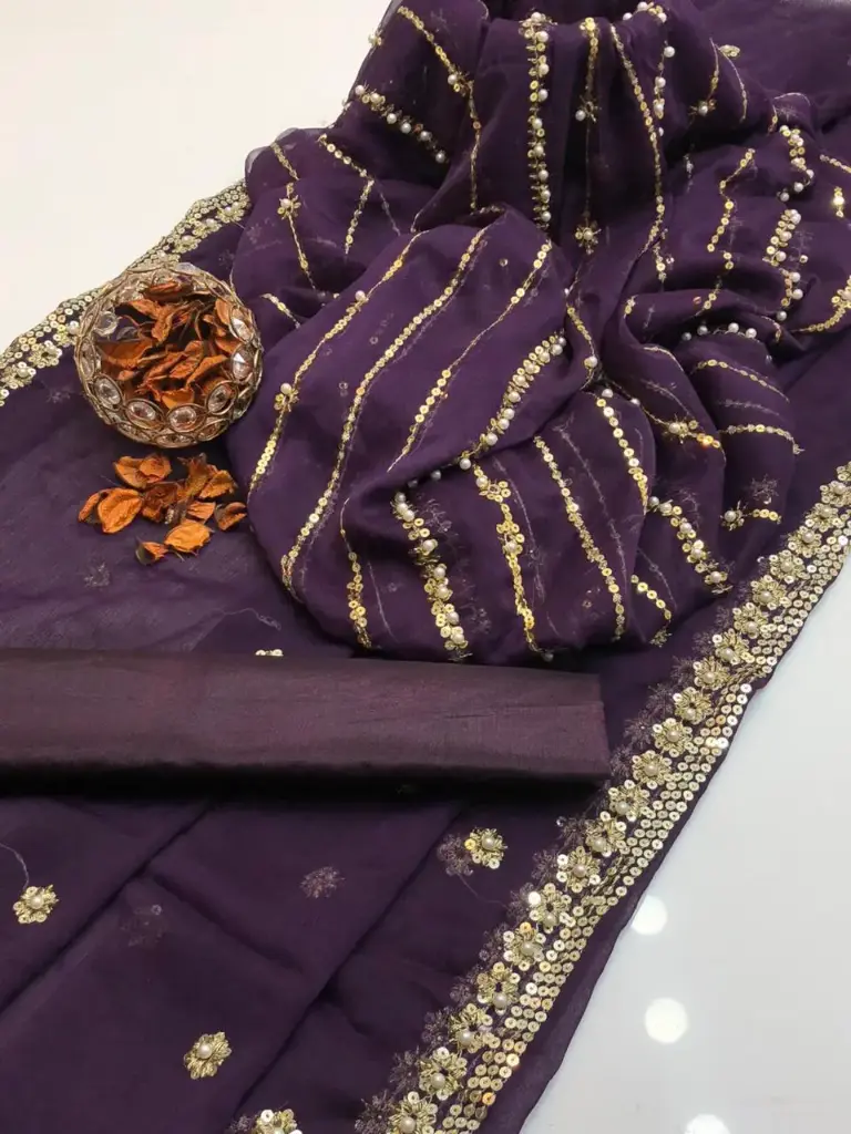 Chiffon embroidery & pearls work shirt  chiffon booti & pearls work dupatta  cotton silk trouser  3piece