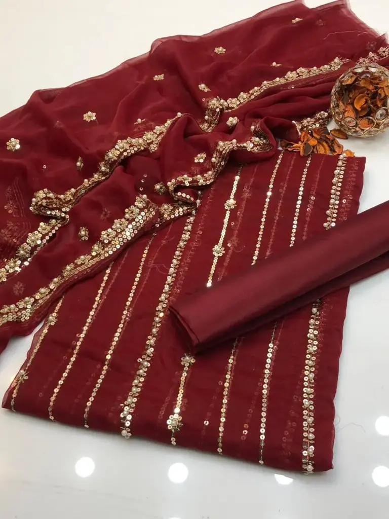 Chiffon embroidery & pearls work shirt  chiffon booti & pearls work dupatta  cotton silk trouser  3piece