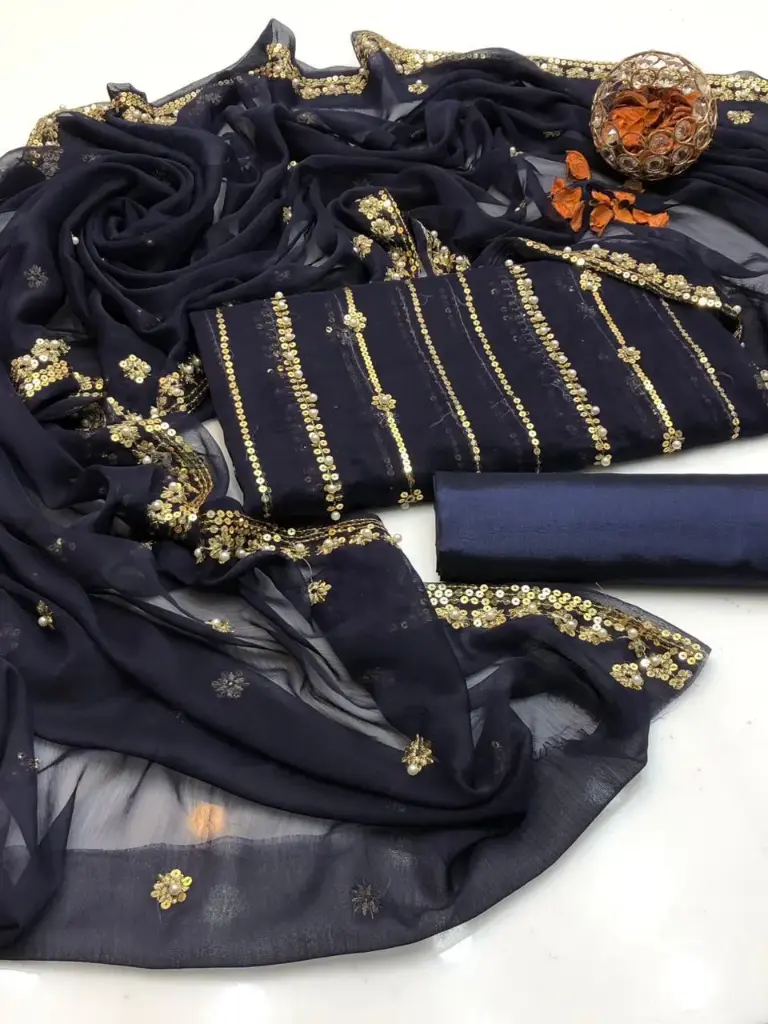 Chiffon embroidery & pearls work shirt  chiffon booti & pearls work dupatta  cotton silk trouser  3piece
