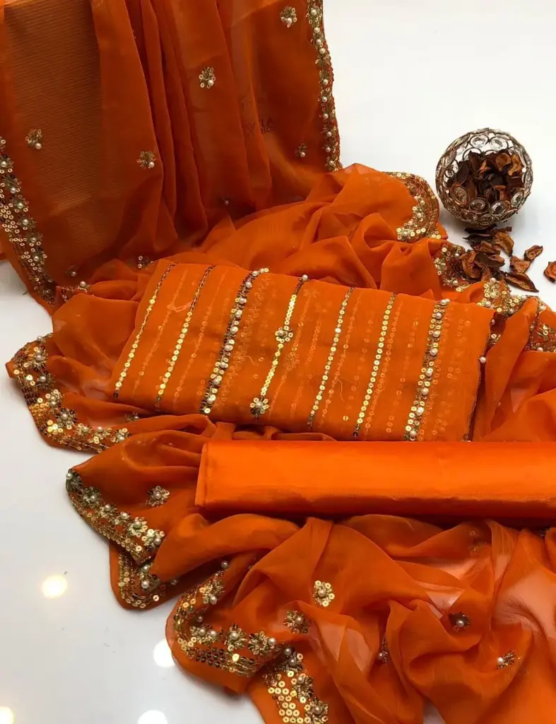 Chiffon embroidery & pearls work shirt  chiffon booti & pearls work dupatta  cotton silk trouser  3piece