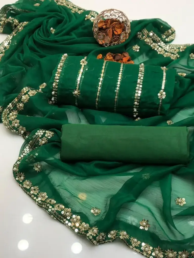 Chiffon embroidery & pearls work shirt  chiffon booti & pearls work dupatta  cotton silk trouser  3piece