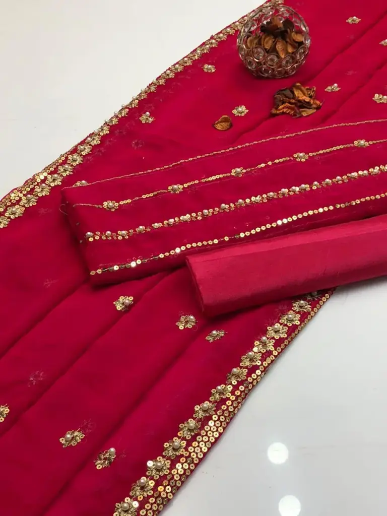 Chiffon embroidery & pearls work shirt  chiffon booti & pearls work dupatta  cotton silk trouser  3piece