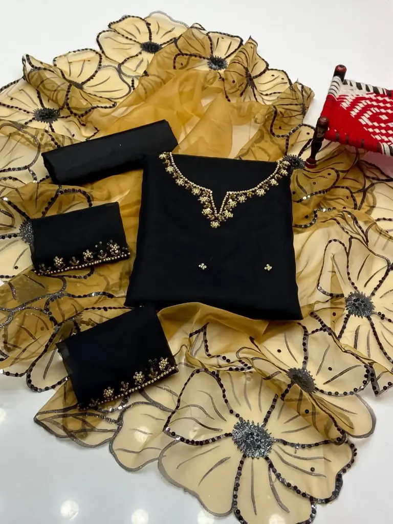 Organza handmade embroidery shirt With sleeves work  Dupatta Glitter oil paint  sequence stari pasting work  cotton trouser 3piece