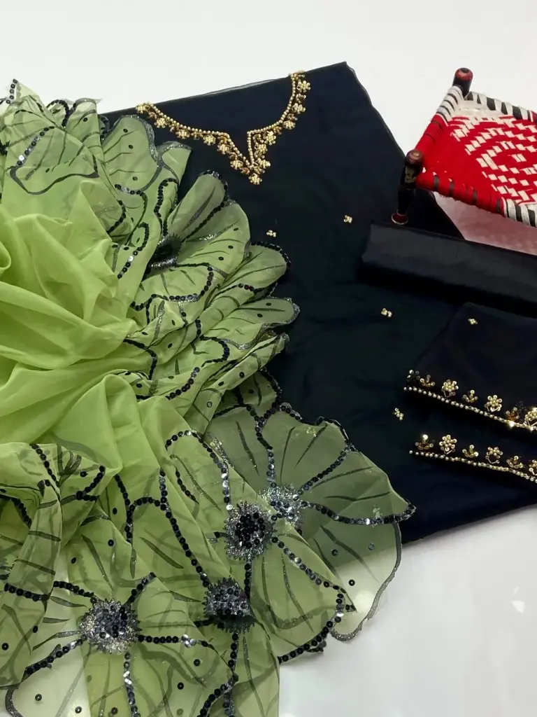 Organza handmade embroidery shirt With sleeves work Dupatta Glitter oil paint sequence stari pasting work cotton trouser 3piece