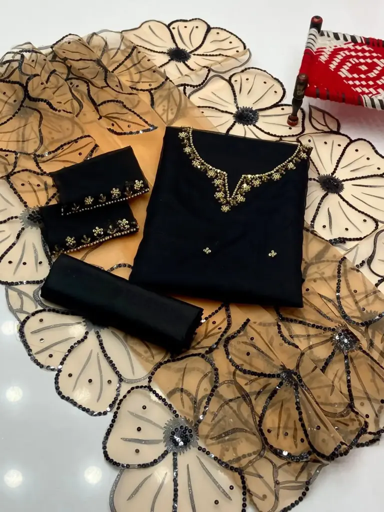 Organza handmade embroidery shirt With sleeves work Dupatta Glitter oil paint sequence stari pasting work cotton trouser 3piece