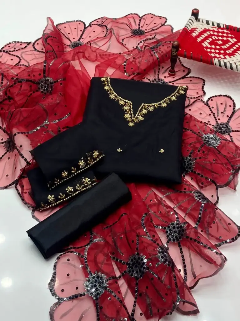 Organza handmade embroidery shirt With sleeves work Dupatta Glitter oil paint sequence stari pasting work cotton trouser 3piece