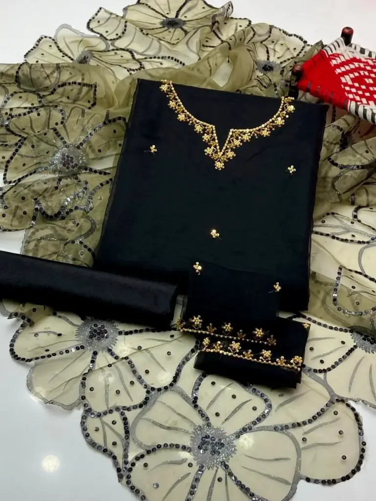 Organza handmade embroidery shirt With sleeves work Dupatta Glitter oil paint sequence stari pasting work cotton trouser 3piece