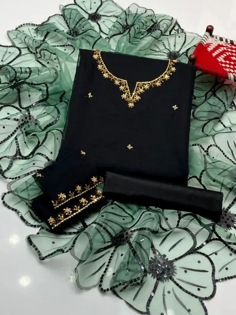 Organza handmade embroidery shirt With sleeves work Dupatta Glitter oil paint sequence stari pasting work cotton trouser 3piece