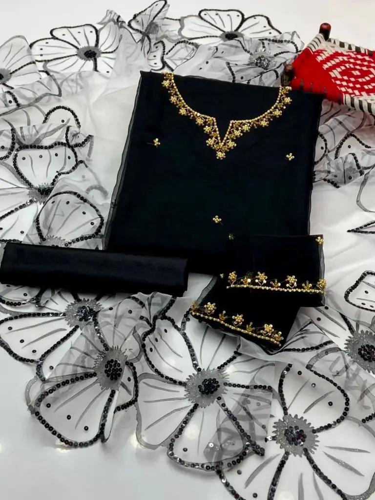 Organza handmade embroidery shirt With sleeves work Dupatta Glitter oil paint sequence stari pasting work cotton trouser 3piece