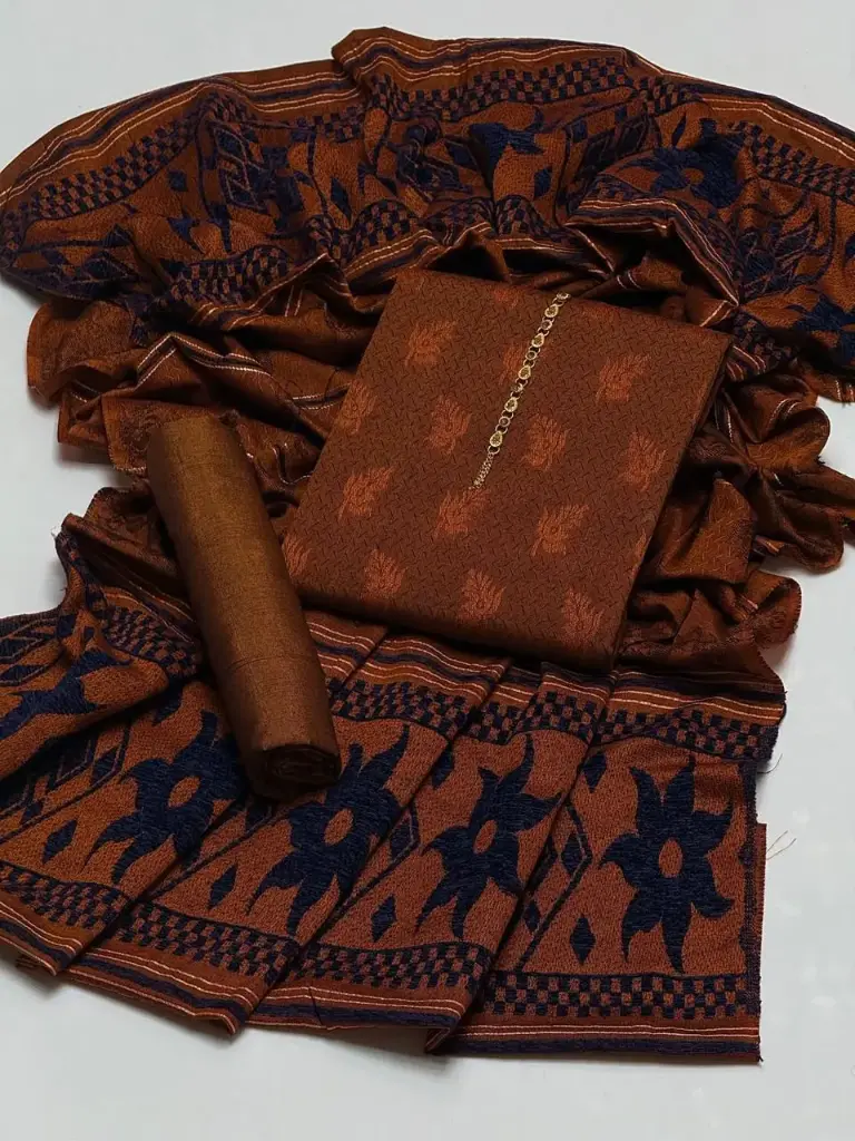 WINTER COLLECTION Beautiful & Elegant Style marina jacquard Shirt marina Trouser With  Velvet Border jacquard work Shawl   3 PC Dress