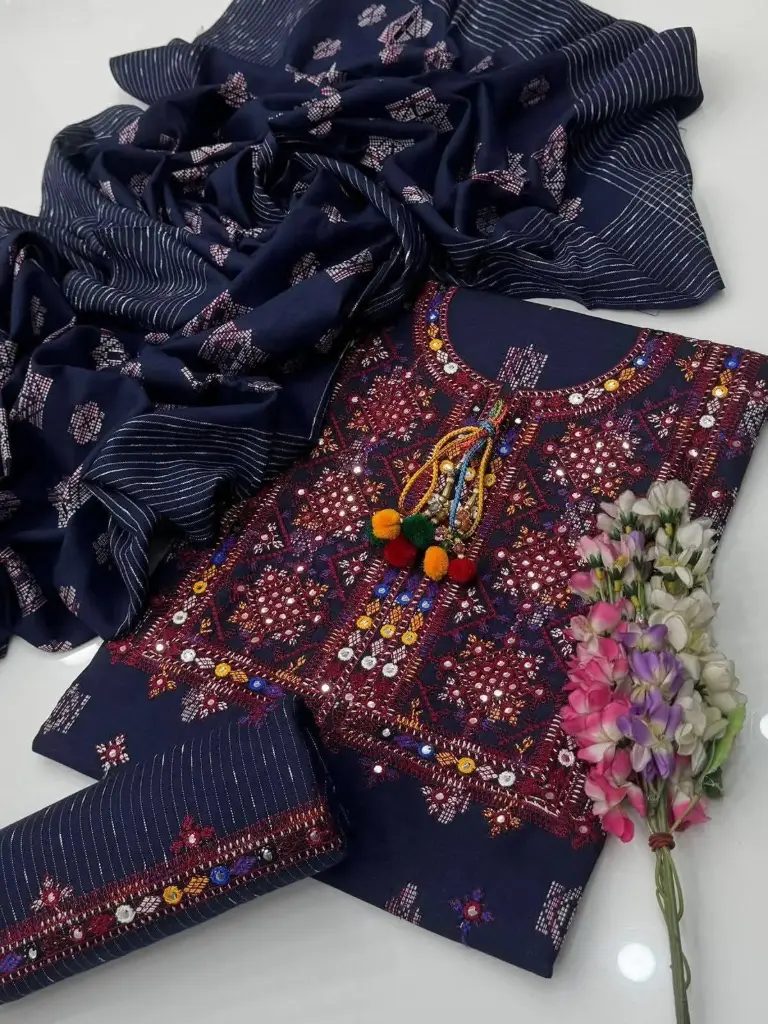 NEW WINTER COLLECTIONS Stuff karandi khaddar  embroidery Work   galla daman kurta style Trouser embroidery  Chadar jacquard 3 pc suit