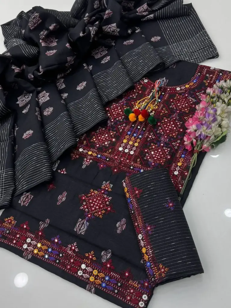 NEW WINTER COLLECTIONS Stuff karandi khaddar  embroidery Work   galla daman kurta style Trouser embroidery  Chadar jacquard 3 pc suit