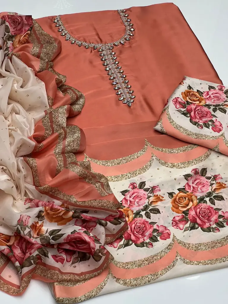 Shamoze Silk Fancy Neck Work & Digital Print Shirt With Digital Print Shamoze Silk Trouser Along With Silk Digital Print Dupatta 3Pcs Dress