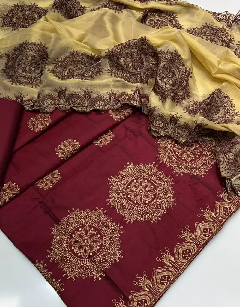 New Collection 2025  Stuff: viscose Work: computer Cross stitch   Daman embroidery  Trouser: plain viscose embroidery  Dupatta: masori 4side  Embroidery  3 Pc Suit