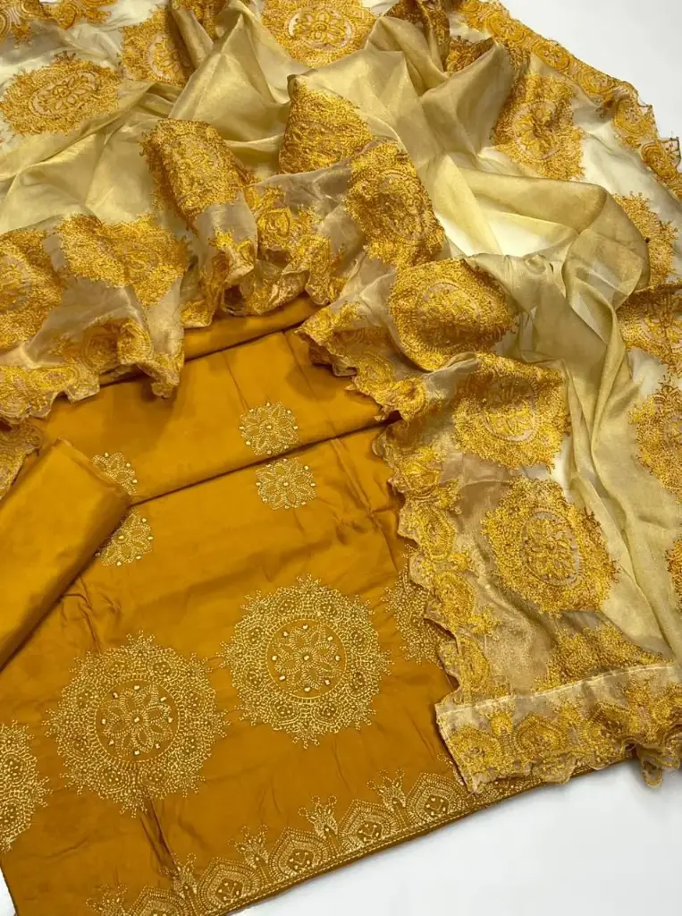 New Collection 2025  Stuff: viscose Work: computer Cross stitch   Daman embroidery  Trouser: plain viscose embroidery  Dupatta: masori 4side  Embroidery  3 Pc Suit