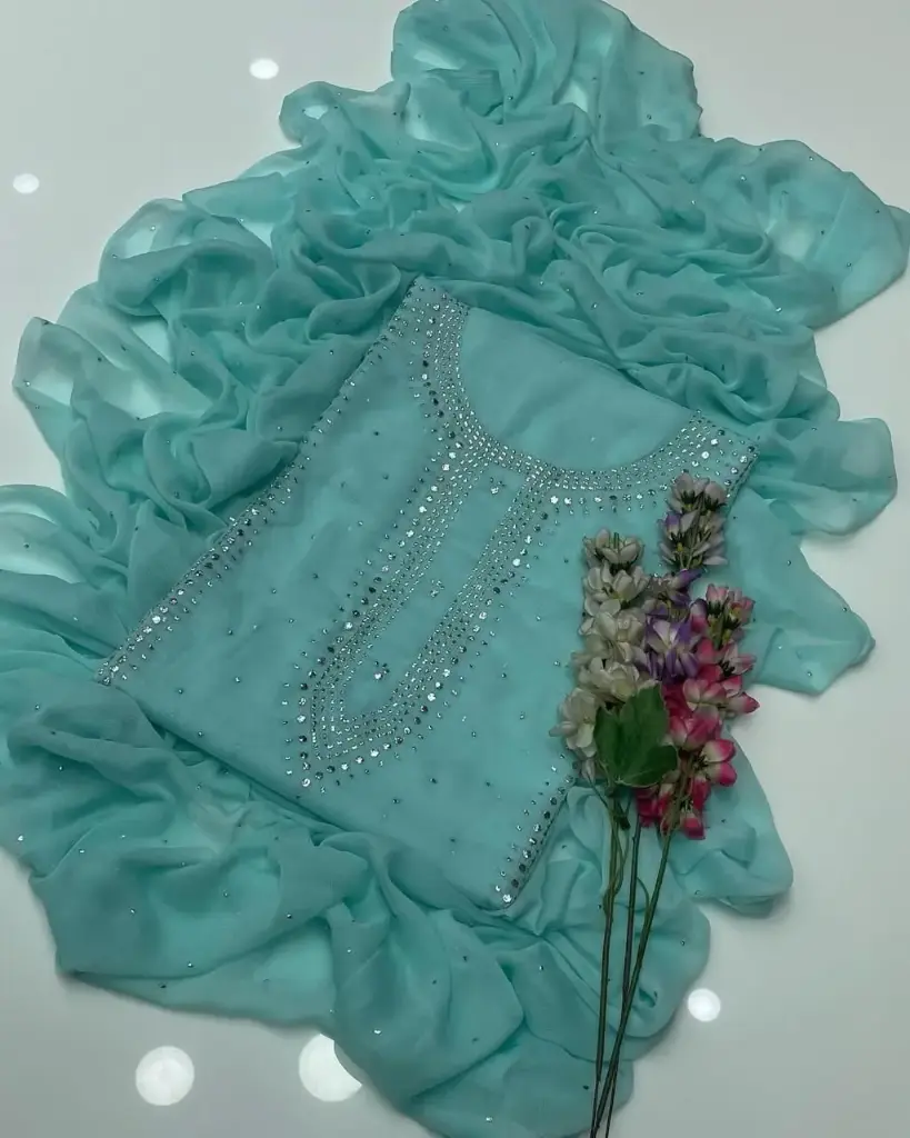 Stuff SOFT Bamber Chiffon  2pc Dress   Shirt Mukesh Kamdani Gala Front Work.   Sleeves Mukesh Kamdani Work.   Bamber Chiffon Mukesh Kamdani Work Dupata